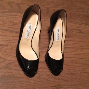 Jimmy Choo | Black patent peep toe pumps | EU 38.5